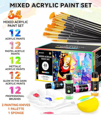 64 PCS Classic & Pastel & Metallic & Glow in the Dark Acrylic Paint Set - Image 3