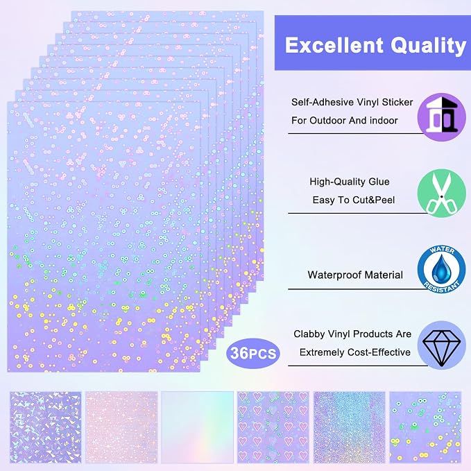 Clabby 36 Sheets Holographic Sticker Paper A4 Vinyl Sticker Paper Self Adhesive - Image 5