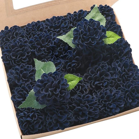 Floroom Artificial Dahlia Flowers 25pcs Real Looking Navy Blue Foam Fake Roses by Floroom