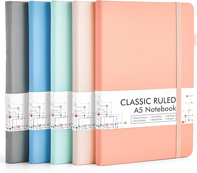 feela 5 Pack Notebooks Journals Bulk, Hardcover Classic Ruled Lined Journals by feela