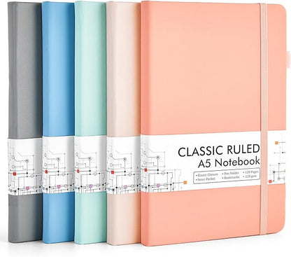 feela 5 Pack Notebooks Journals Bulk, Hardcover Classic Ruled Lined Journals by feela