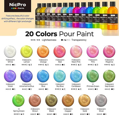 Nicpro 20 Colors Iridescent Metallic Acrylic Pour Paint Supplies Kit, 8.45oz - Image 2