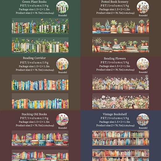 6 Rolls PET Washi Tape Set, Reading Themed Scrapbook Tape Stickers - Image 2
