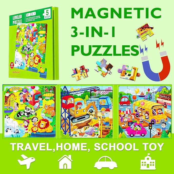 Magnetic Puzzles for Kids Ages 4-8, 3 in 1 Cartoon Jigsaw Puzzle Book, Toddlers - Image 3