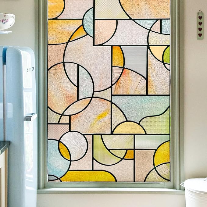 3D Stained Glass Window Privacy Film, Heat Control UV Blocking Static Cling by OHTMERU