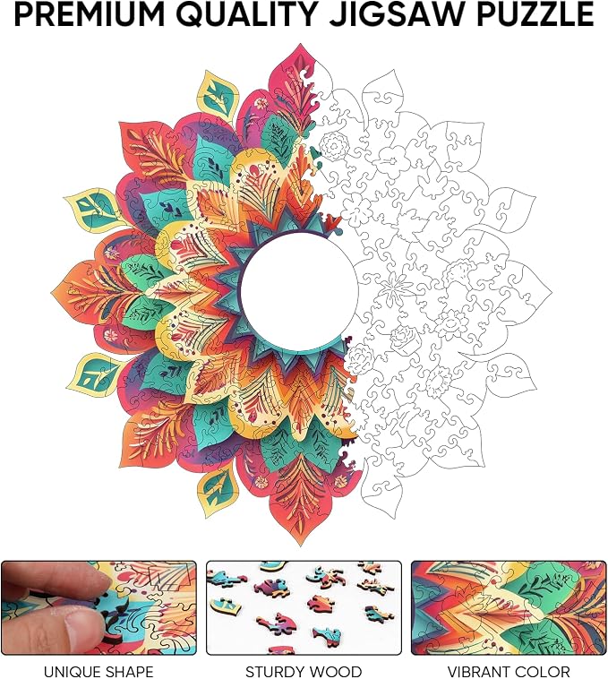 Wooden Puzzles for Adults, Hollow Mandala Wooden Jigsaw Puzzles 200 Pieces - Image 3