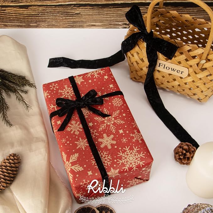 Ribbli Black Velvet Ribbon 1 Inches Luxury Crinkled Black Christmas Ribbon - Image 2