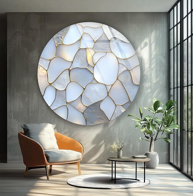 My Photostation.com 24'' Diameter White Stone Mosaic Round Glass Wall Art by MyPhotostation