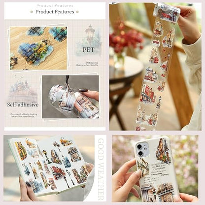 PET Tape Stickers for Journaling, 6 Rolls Transparent Street Landscape Stickers - Image 5