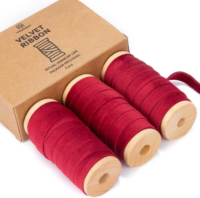 Vitalizart Red Velvet Ribbon Set 3/8" x 15 Yd Burgundy Wooden Spool Fabric Trim by Vitalizart