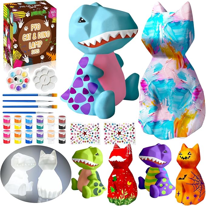 FUNZBO 2Pcs Paint Your Own Dinosaur & Cat Lamp by FunzBo