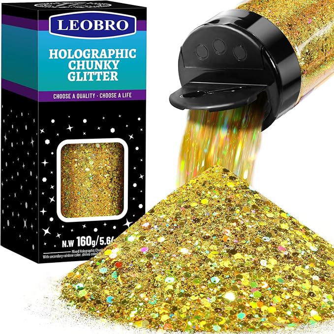 LEOBRO Gold Glitter, 160g/5.64oz Holographic Chunky Glitter by LEOBRO