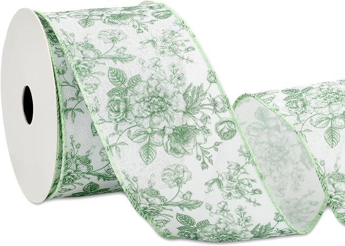 AnyDesign Floral Wired Edge Ribbon Roll Green Flower Ribbon Chinoiserie Fabric by Unknown