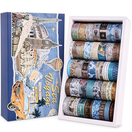 38 Rolls Vintage Washi Tape Set, Vintage Travel Stamp Map Scenery Art Letter by emmoolife