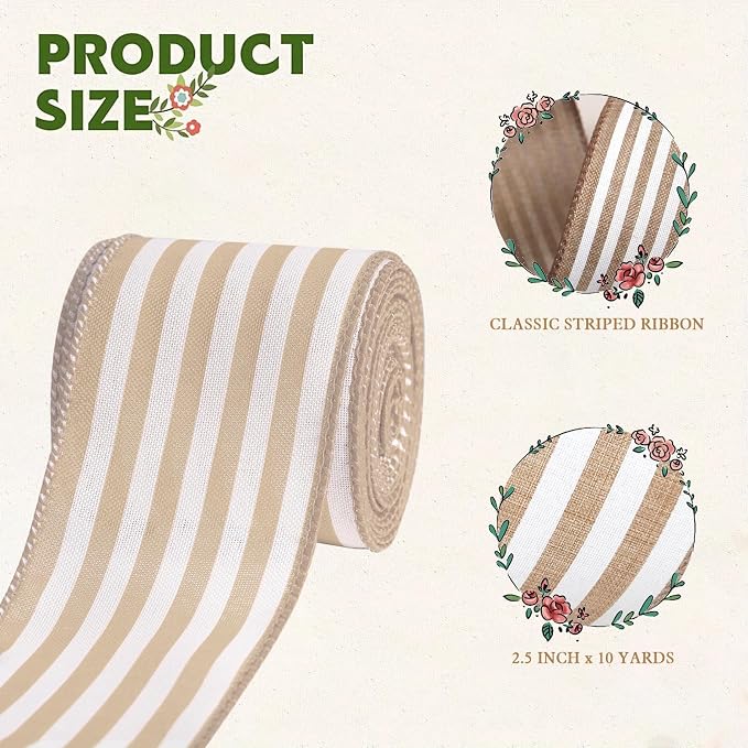 Burlap Ribbon Wired, Farmhouse Rustic White Stripe Ribbon - Image 2