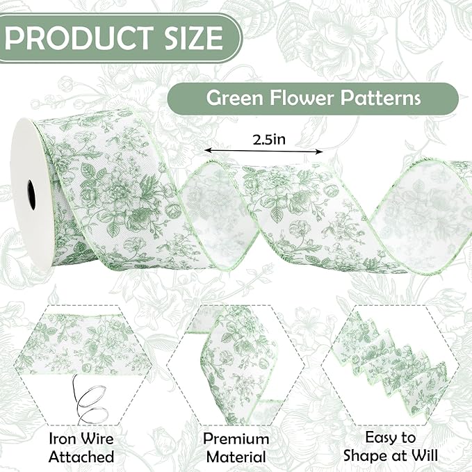 AnyDesign Floral Wired Edge Ribbon Roll Green Flower Ribbon Chinoiserie Fabric - Image 2