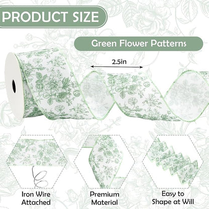 AnyDesign Floral Wired Edge Ribbon Roll Green Flower Ribbon Chinoiserie Fabric - Image 2