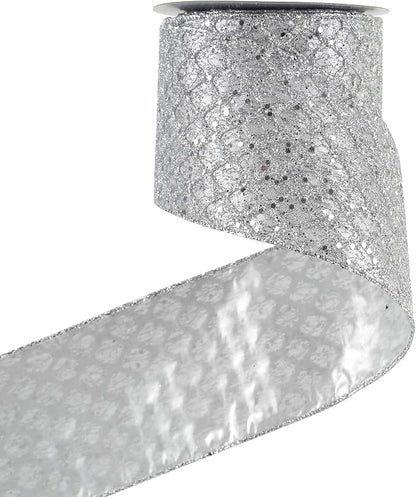 HUIHUANG Silver Christmas Ribbon 4 inch Silver Glitter Wired Ribbon Diamond by HUIHUANG