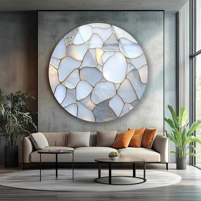 My Photostation.com 24'' Diameter White Stone Mosaic Round Glass Wall Art - Image 3