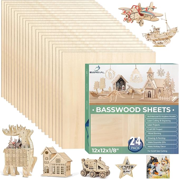 24 Pack 12x12x1/8 Inch Basswood Sheets, MAPRIAL Smooth 3mm Plywood by MAPRIAL