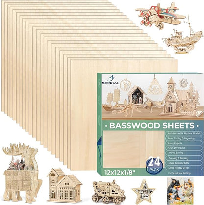 24 Pack 12x12x1/8 Inch Basswood Sheets, MAPRIAL Smooth 3mm Plywood by MAPRIAL