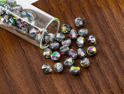 1.8 oz of Faceted Fire Polished Pressed Czech Glass Beads 4mm, Crystal Vitrail - Image 2
