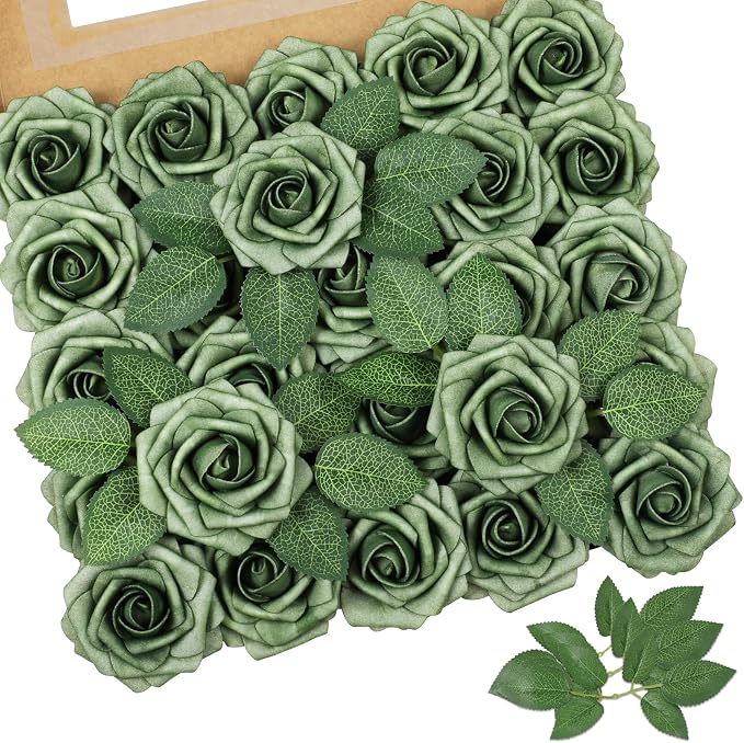 AmyHomie Artificial Flowers Green Rose 25pcs Real Looking Fake Roses w/Stem by AmyHomie