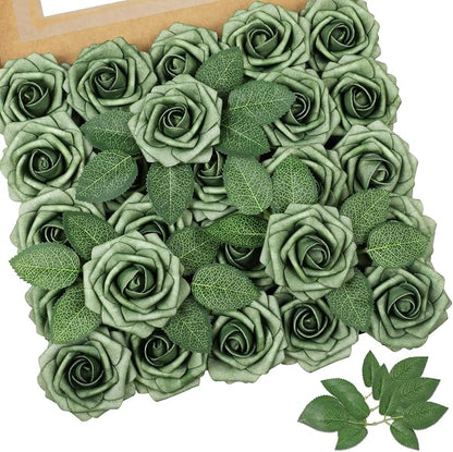 AmyHomie Artificial Flowers Green Rose 25pcs Real Looking Fake Roses w/Stem by AmyHomie