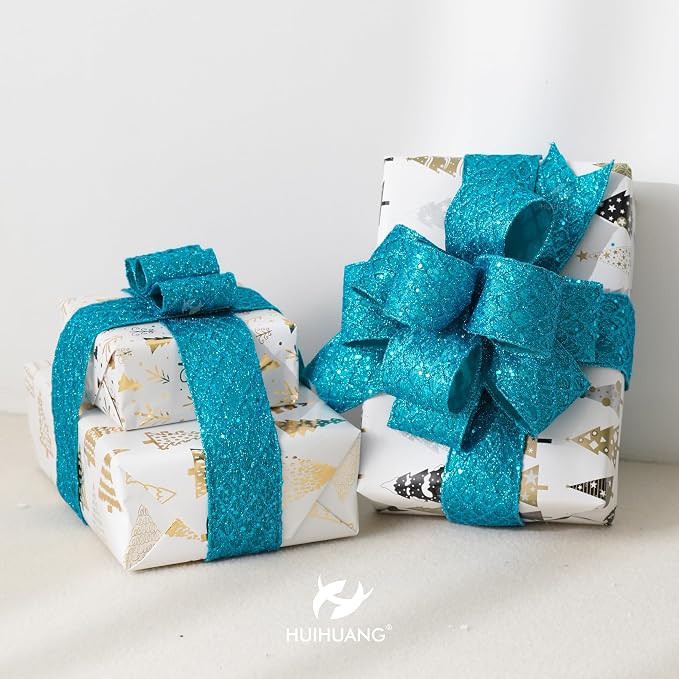 HUIHUANG Turquoise Glitter Wired Ribbon 4 inch Teal Christmas Tree Ribbon - Image 7