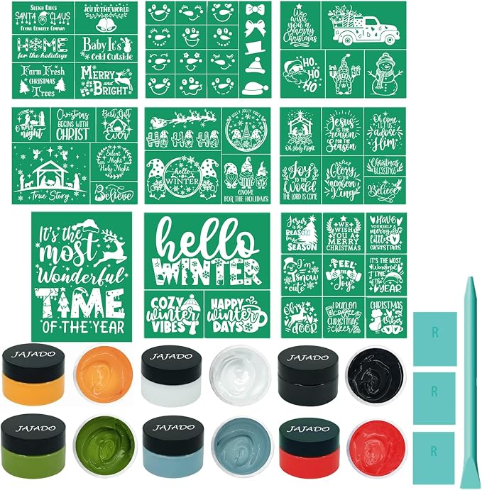 JAJADO 19pcs Christmas Stencils Chalk Paste Paint Set by JAJADO