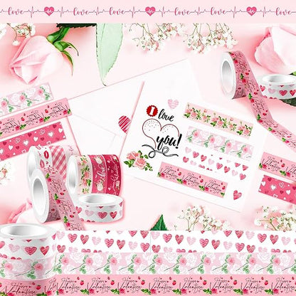 12 Rolls Pink Heart Washi Tape Set, Valentine's Day Love Heart Masking Tape - Image 4