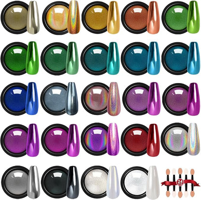 Gold Silver Chrome Nail Powder, 24 Colors White Pearl Unicorn Iridescent by DRMODE