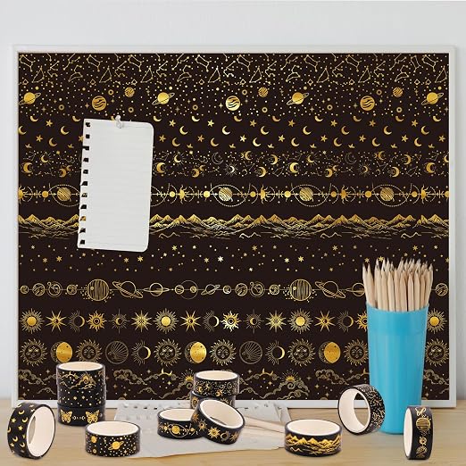 Whaline 12 Rolls Gold Foil Galaxy Washi Tape Black Gold Sun Moon Star Masking - Image 6