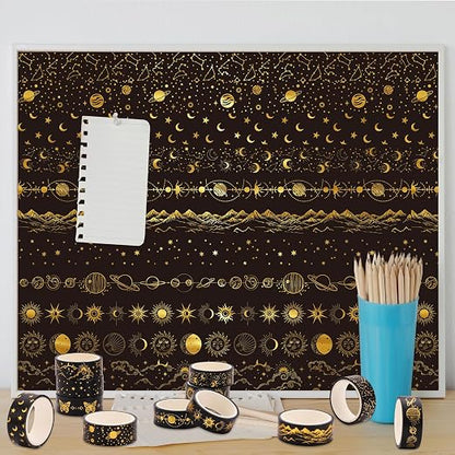 Whaline 12 Rolls Gold Foil Galaxy Washi Tape Black Gold Sun Moon Star Masking - Image 6