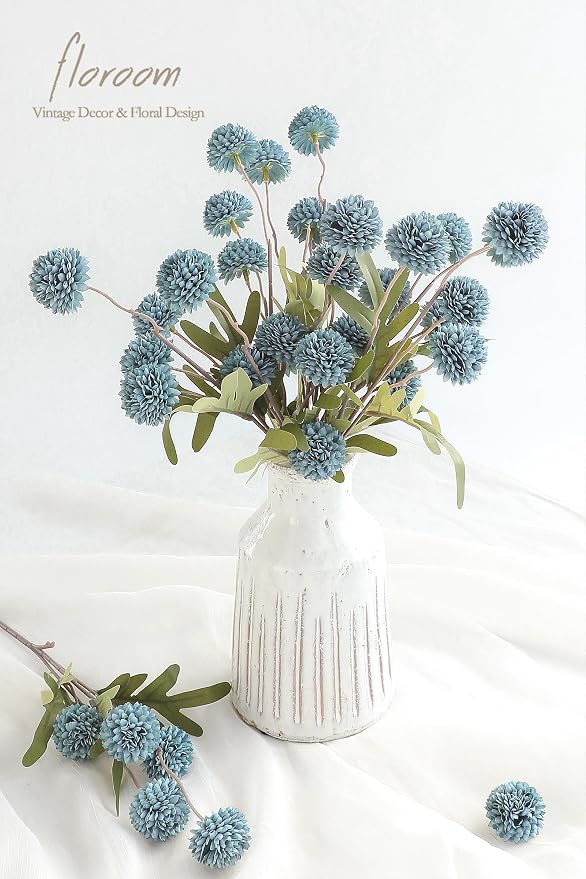 Floroom 5pcs Dusty Blue Faux Silk Mums Artificial Flowers, Bulk Fake Small Mini - Image 2