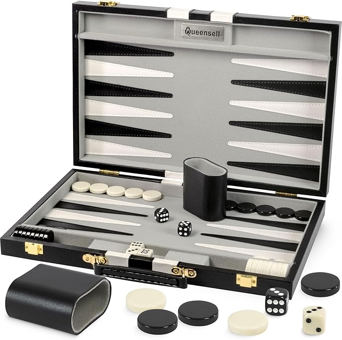 Backgammon Sets for Adults – 15-Inch Black PU Leather Board Game Set – Classic by Queensell