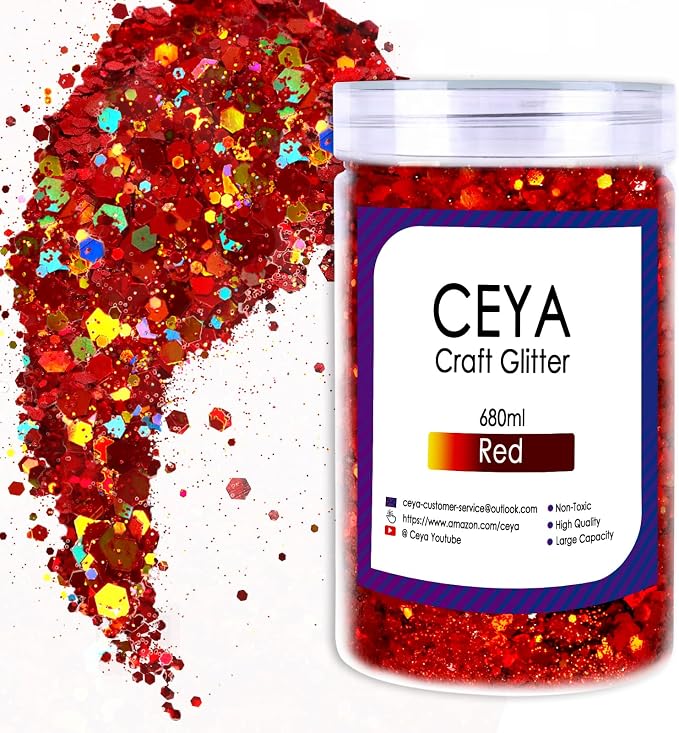 Ceya Holographic Chunky Glitter, 1 LB/ 16OZ Laser Red Bulk Craft Glitter Mixed by CEYA
