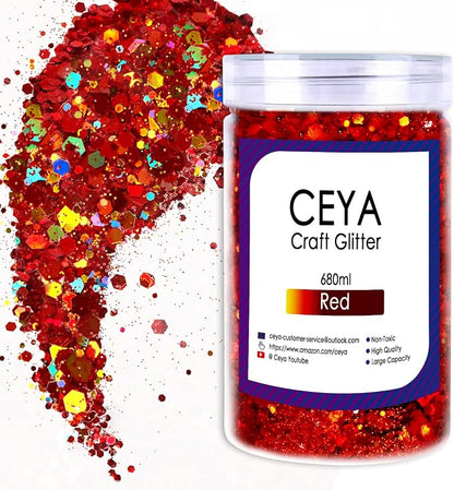 Ceya Holographic Chunky Glitter, 1 LB/ 16OZ Laser Red Bulk Craft Glitter Mixed by CEYA