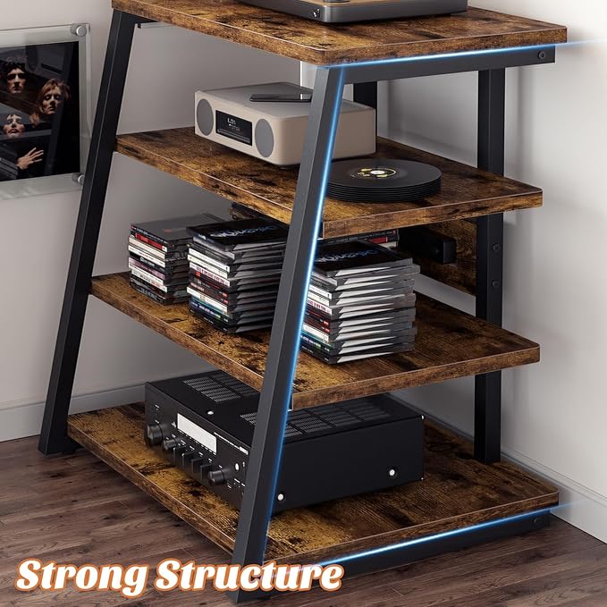 AV Media Stand with Outlets, Media Console with LED Lights, Stereo Racks and - Image 5