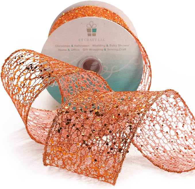CT CRAFT LLC Sparkling Glitter Mesh Wired Ribbon 2.5" x 10 Yards Bronze Orange - Image 3