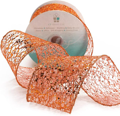 CT CRAFT LLC Sparkling Glitter Mesh Wired Ribbon 2.5" x 10 Yards Bronze Orange - Image 3