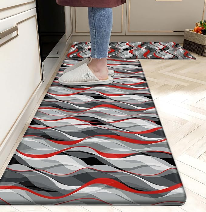 Kitchen Mats for Floor Modern Abstract kitchen rugs Grey and Red Stripe Anti by weesire