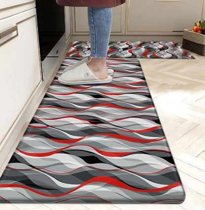 Kitchen Mats for Floor Modern Abstract kitchen rugs Grey and Red Stripe Anti by weesire