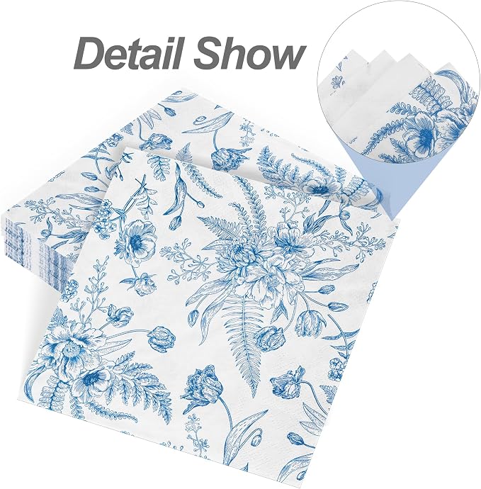 Aodaer 48 Pieces Floral Paper Napkins Disposable Blue Floral Napkins Blue and - Image 4