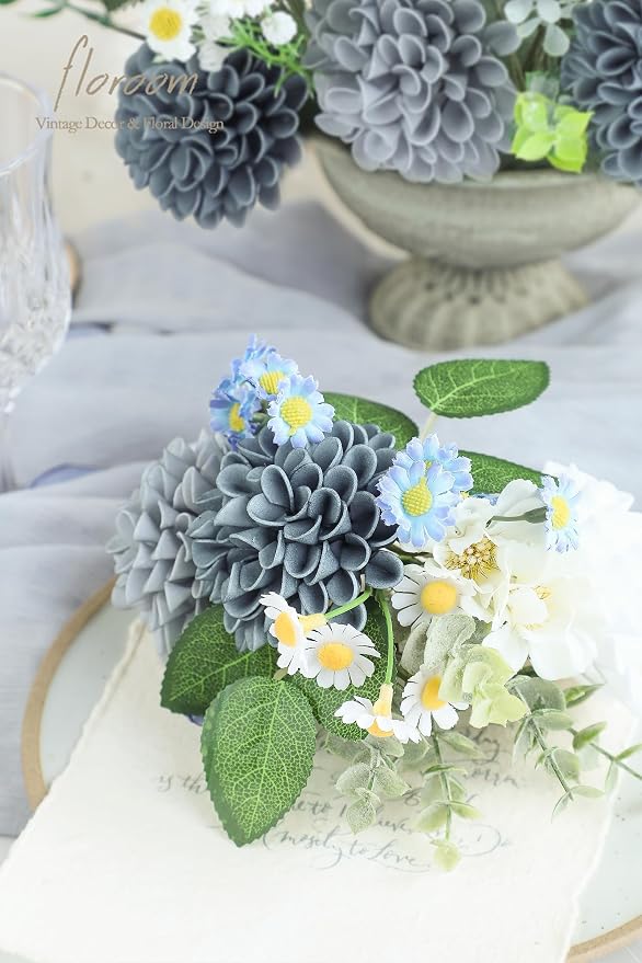 Floroom Artificial Dahlia Flowers 25pcs Real Looking Blue Shades Foam Fake Roses - Image 6