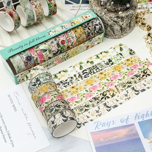 10 Rolls Blooming Flowers Washi Tape Set Floral Arts Adhesive Tapes Colorful - Image 3
