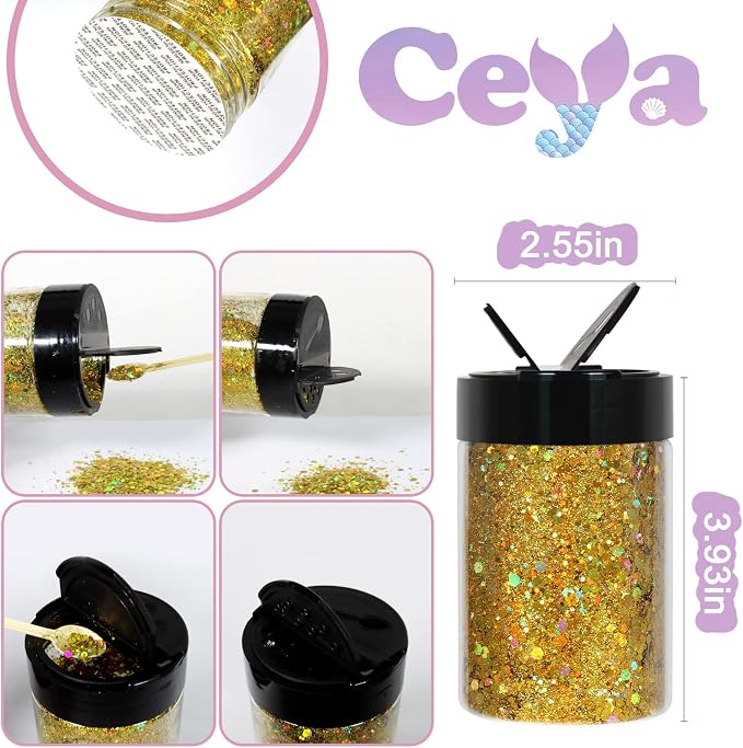 Ceya Holographic Chunky Glitter, 4.9oz/ 140g Lazurite Gold Craft Glitter Powder - Image 4