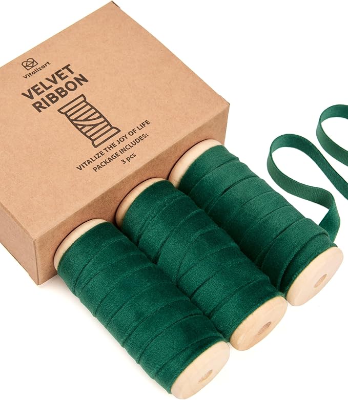 Vitalizart Green Velvet Ribbon Set 3/8" x 15 Yd Wooden Spool Fabric Trim 3 by Vitalizart