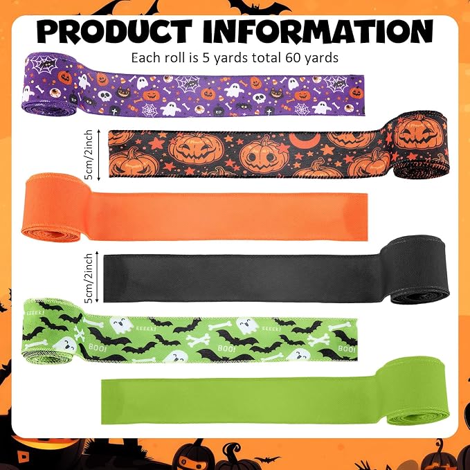 12 Rolls Halloween Wired Edge Ribbon - Image 2