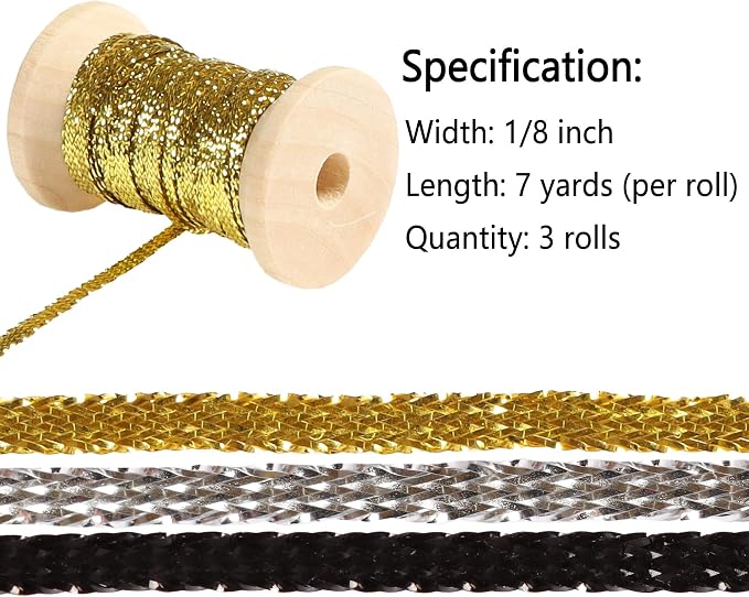 Gold&Silver Set Thin Ribbon 1/8 inch Metallic Braided Double Faced Ribbons - Image 2
